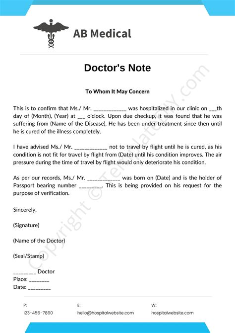 Doctor's note for travel template