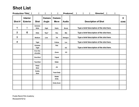 Shot list template for documentary film