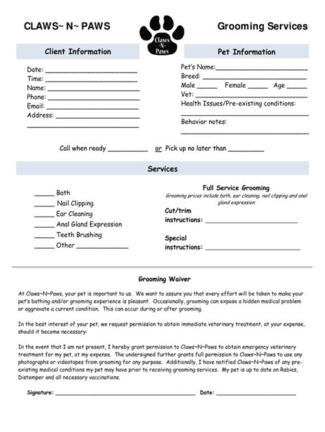 dog grooming forms template