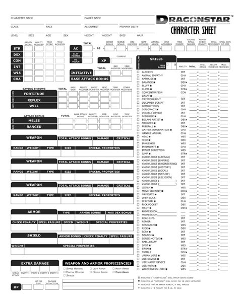 Character builder for a Dungeons 3.5 character sheet printable