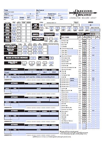 PDF version of a Dungeons 3.5 character sheet printable