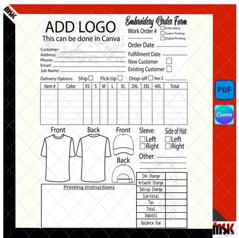 Embroidery Order Form Example