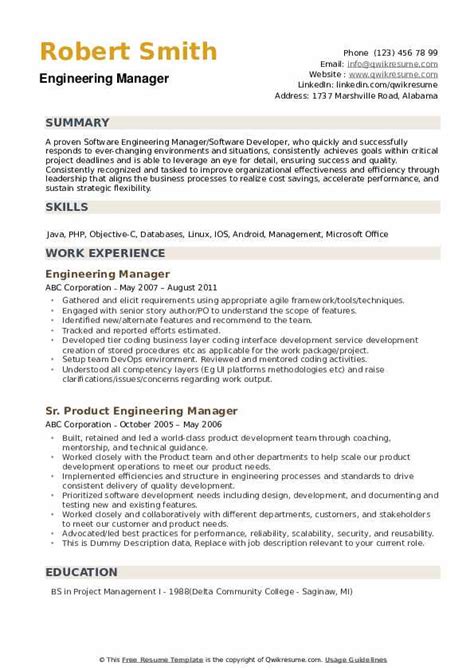 Engineering Manager Resume Summary