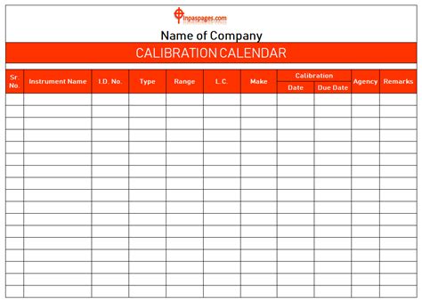 Equipment calibration log template