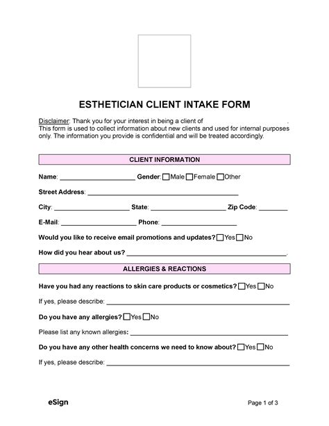 Esthetician Client Intake Form