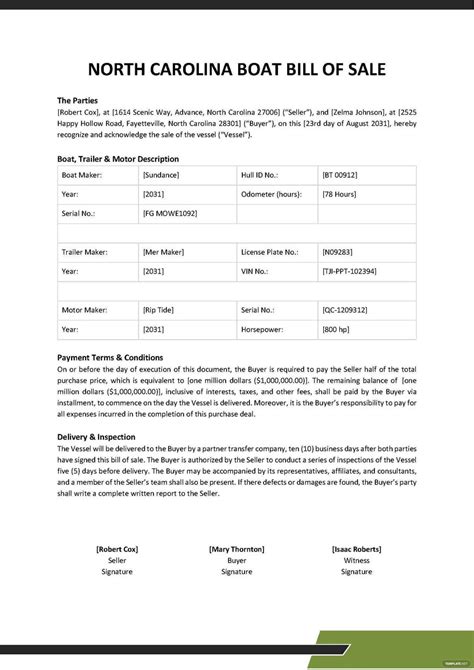 Example of a North Carolina Boat Bill of Sale Template