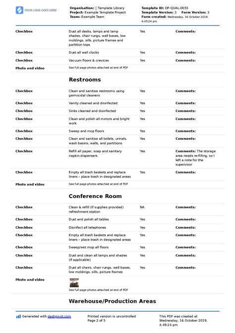 Example of Commercial Janitorial Checklist Template