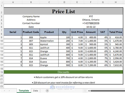 Excel Price Sheet Design