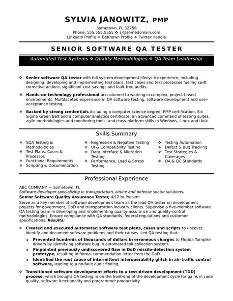 Experienced Software Tester Resume