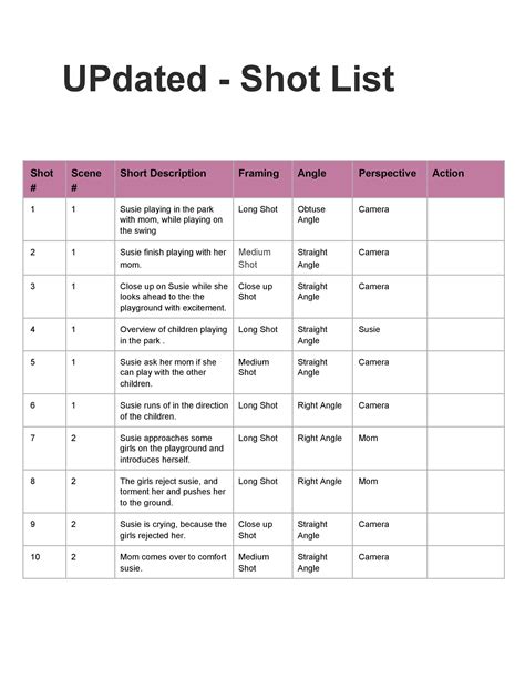 Shot list template for film photography