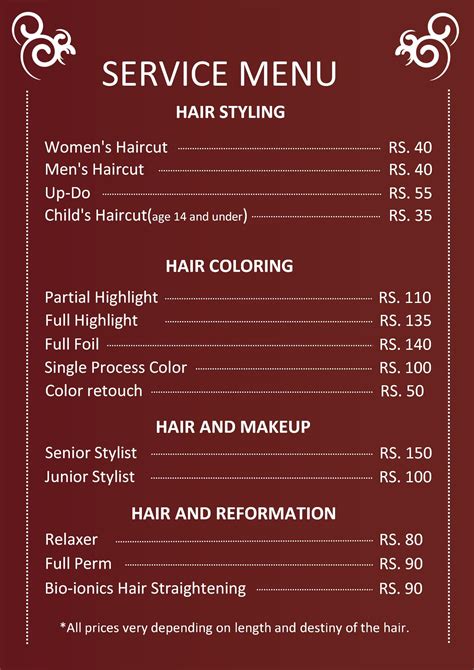 Free Hair Salon Menu Templates