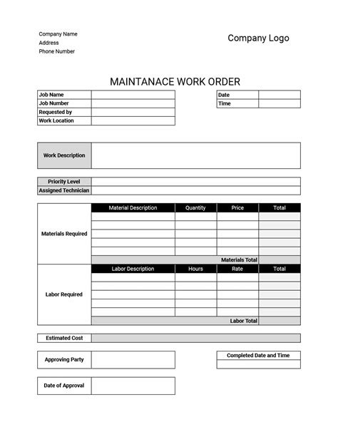 Free Maintenance Work Order Excel Template