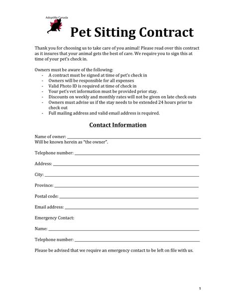 Free pet sitting contract template