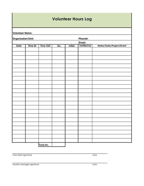 Free volunteer log sheets