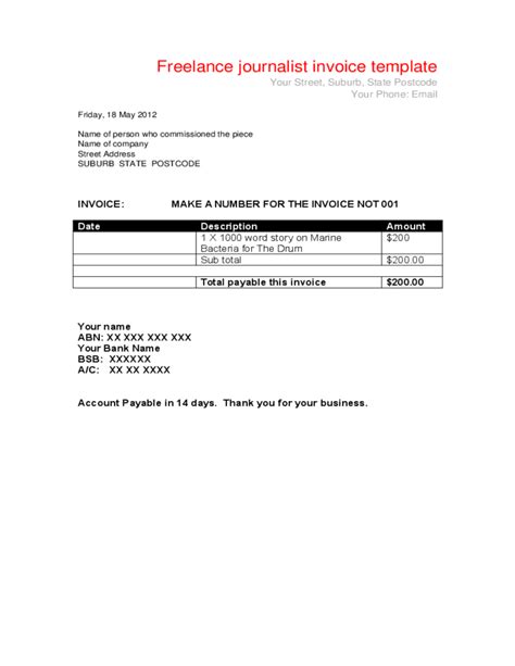 Freelance journalist invoice template