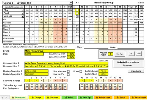 Golf Scorecard Features Excel