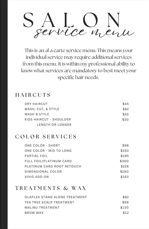 Hair salon services menu