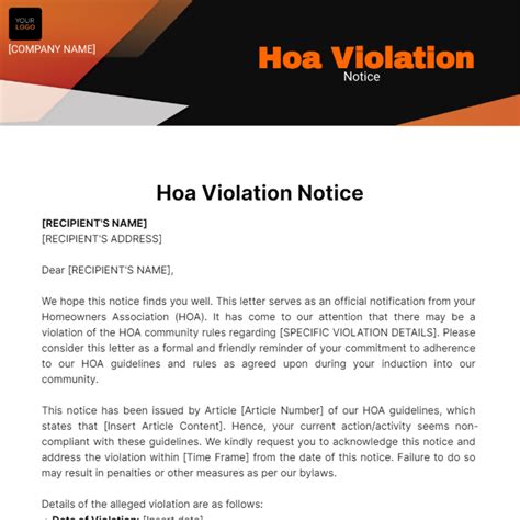 components of hoa violation template