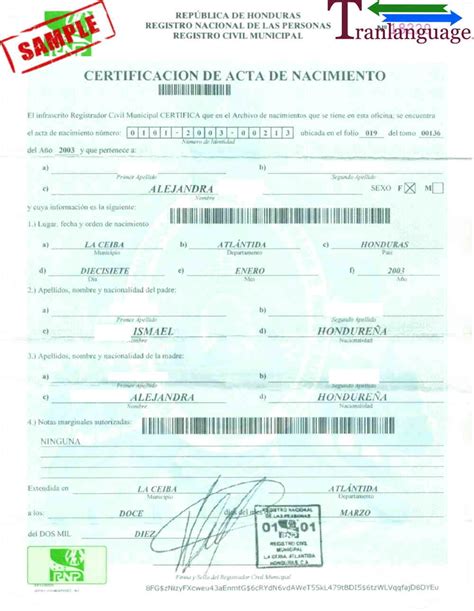 Honduras Birth Certificate Translation Template