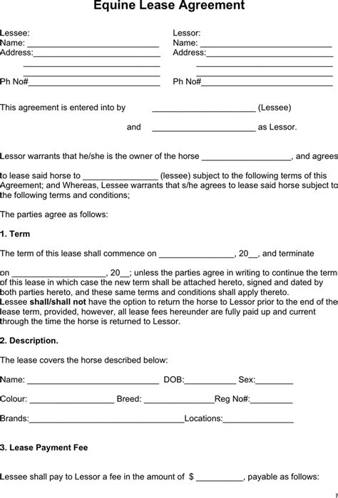 Horse Lease Agreement Form Template