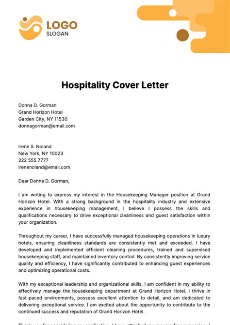 Hospitality Cover Letter Template