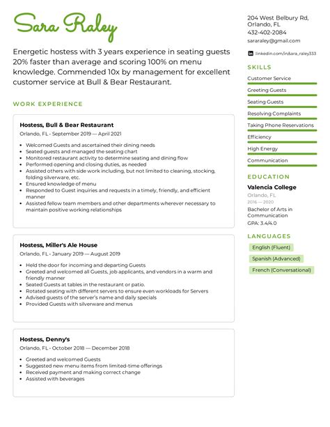 Host Hostess Resume Templates