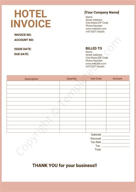 Hotel Invoice Template Features