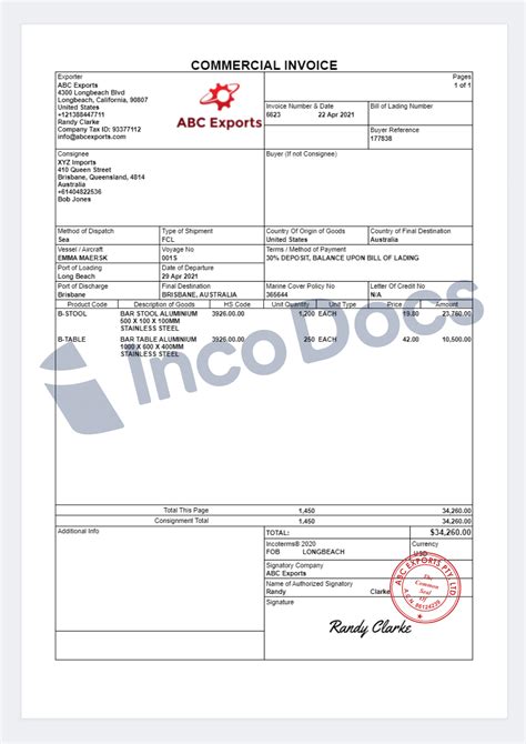 Import invoice template example