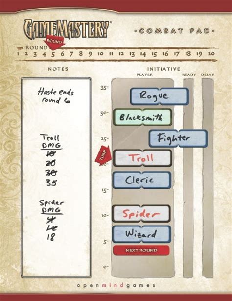 Initiative tracker that includes space for spell effects