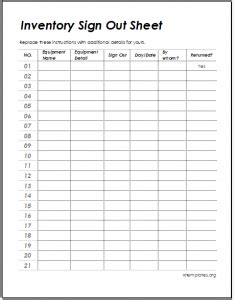 Inventory sign out sheet template Word