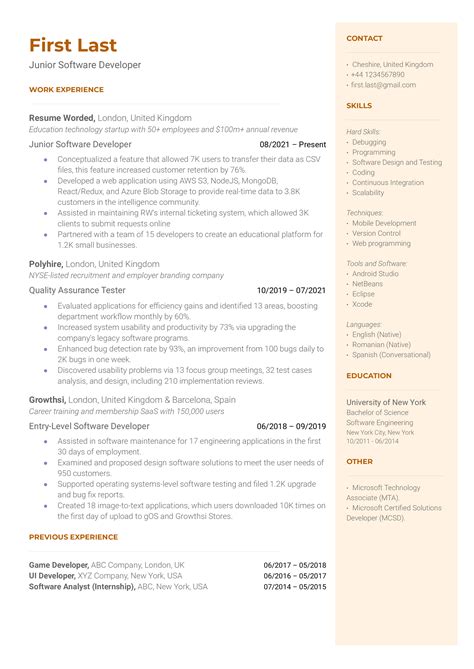 Junior Developer Resume Example