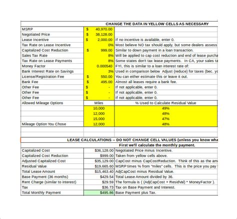 Lease calculation template