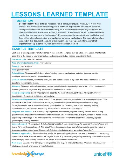 Lessons Learned Template Components