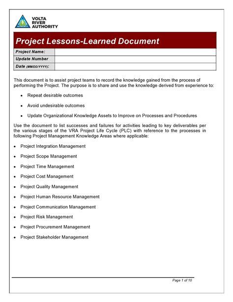 Lessons Learned Template Examples