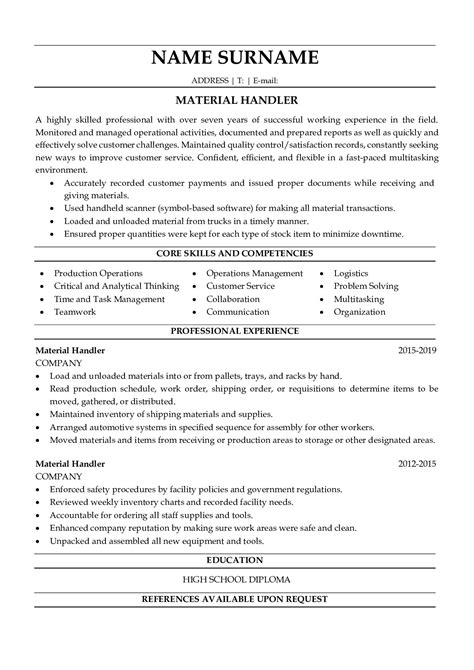 Material Handler Resume Sample