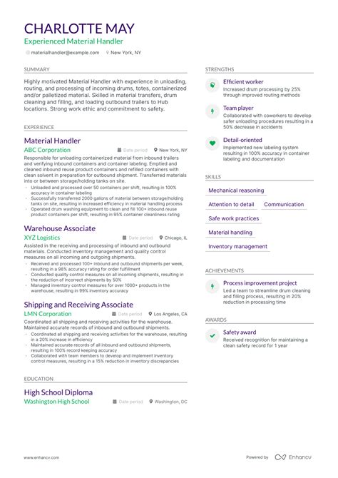 Key Sections of Material Handler Resume Template