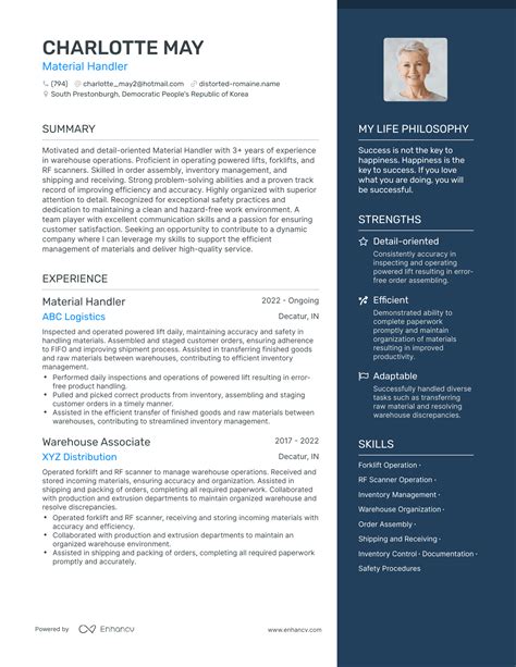 Material Handler Resume Template Canva