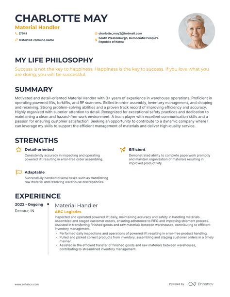 Material Handler Resume Template Creative