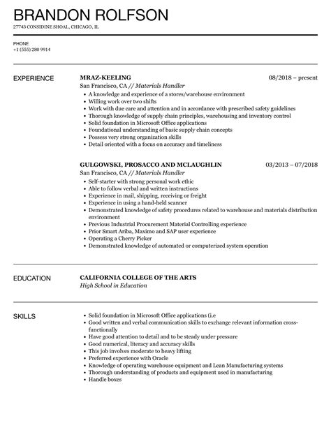 Material Handler Resume Template Microsoft Word