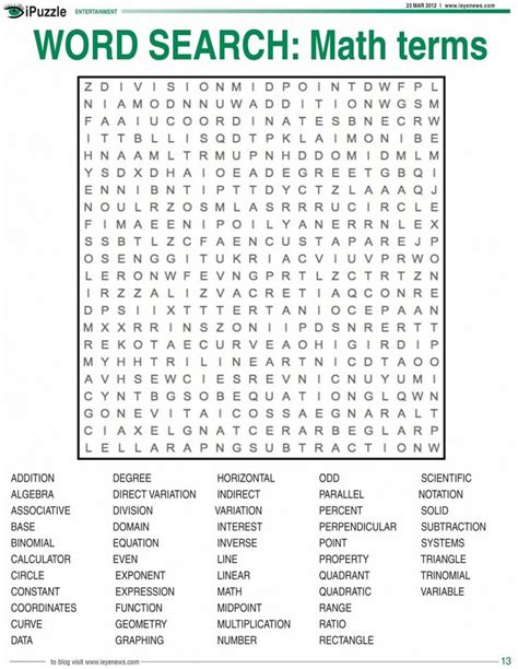 Math Word Search Puzzle for Intermediate Level