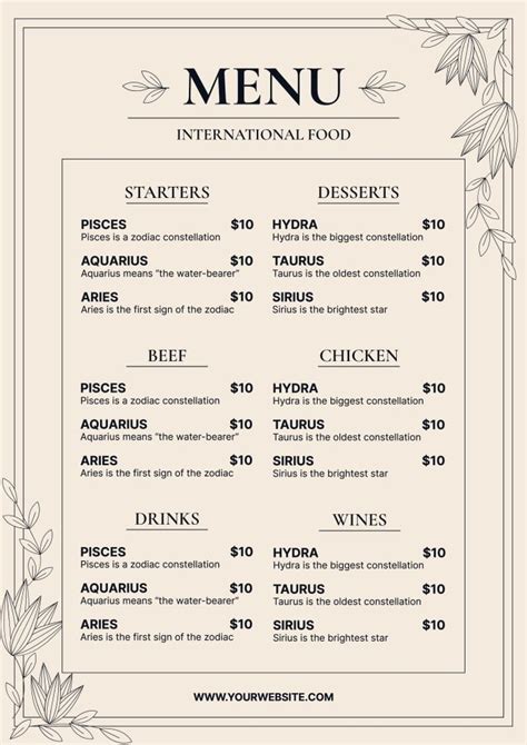 Menu template example