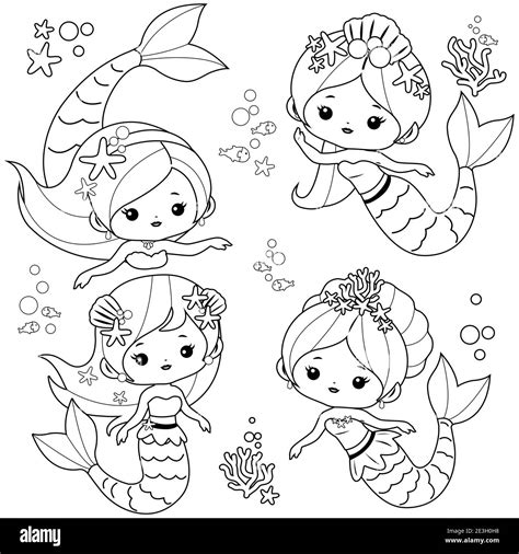 Mermaid coloring pages with sea creatures and underwater landscapes