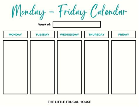 Monday to Friday Calendar Template Features