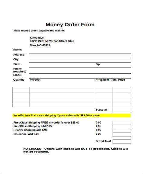 Description of Money Order Template for International Transactions