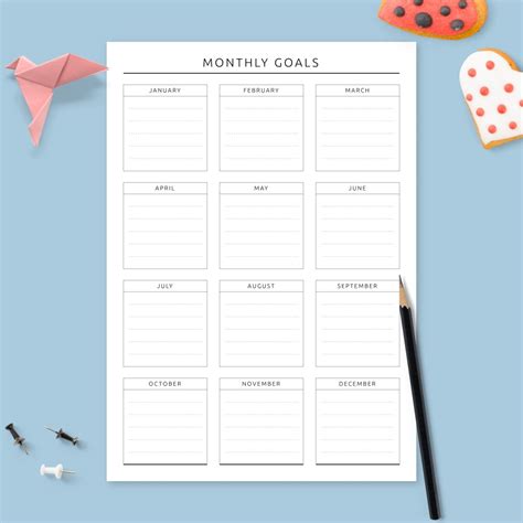 Monthly goal setting printable for planning and tracking long-term objectives