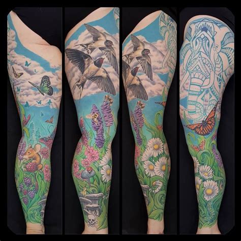 Nature inspired leg sleeve tattoo