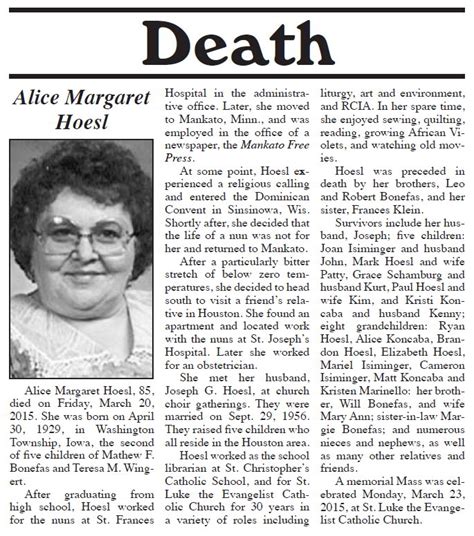 Newspaper Obituary Example