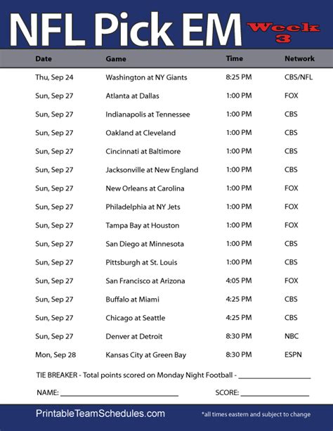 NFL Pick Em Week 5 Printable Sheet