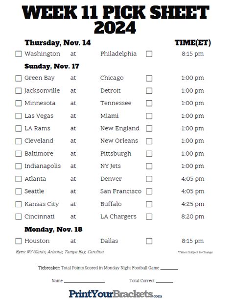 NFL Week 11 Schedule Overview