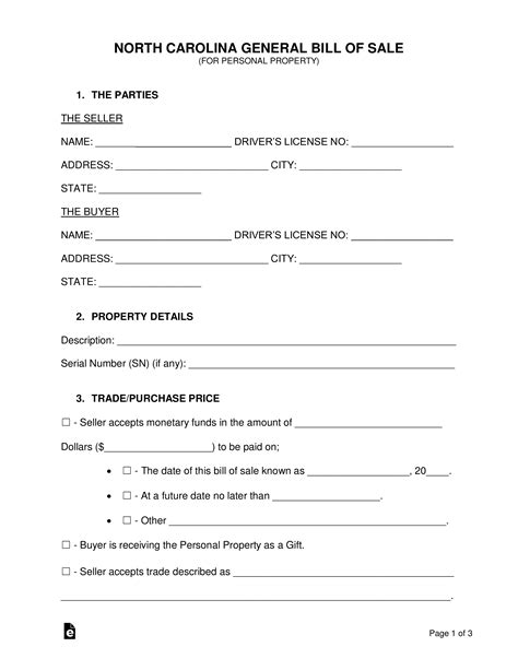 North Carolina Bill of Sale Template